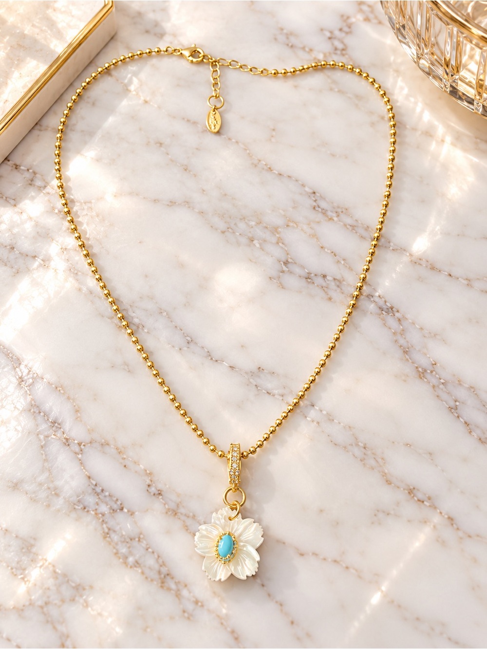 Gold Filled Flower Pendant Necklace with Turquoise Center